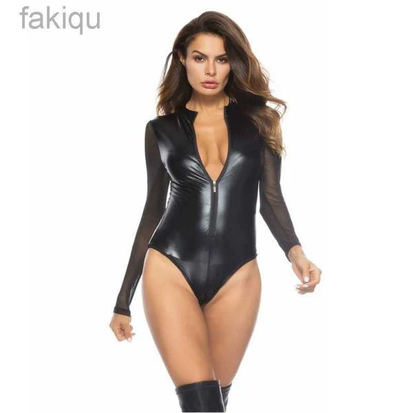 Sexy conjunto feminino macacão sexy macio couro do plutônio malha lingerie feminino bodysuit zíper aberto erótico látex catsuit pólo dança uniforme night club 24322