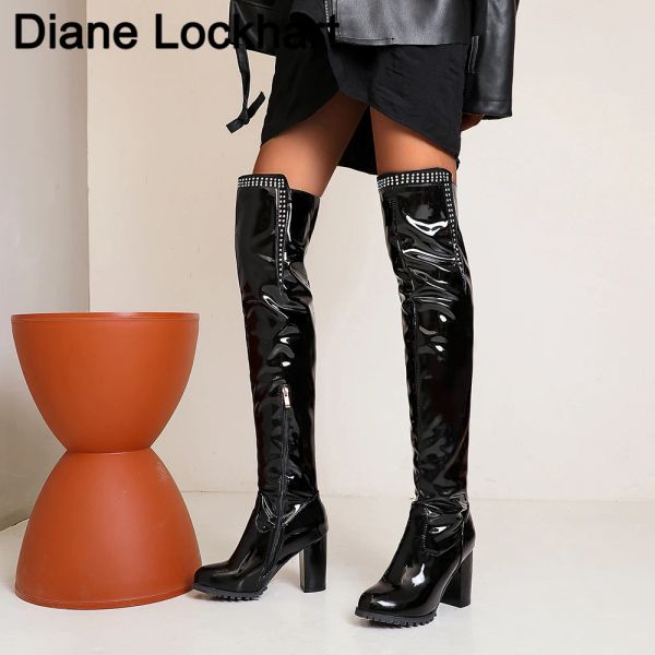 Stiefel Frauenplattform über den Kniestiefeln sexy High Heels Red Shiny PU Leder Langer Stiefel Herbst Winter warme dicke Absatzschuhe Frau