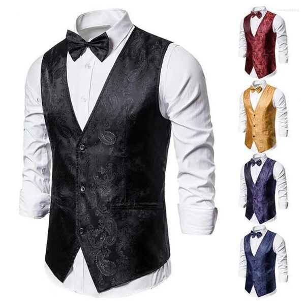 Coletes masculinos Stage Show Terno Colete com Gravata Borboleta Impresso Single-breasted V-Pescoço Slim Fit Double Breasted Vestido para Homens