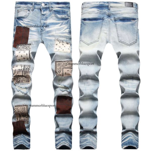 Helle Jeans, gestickte Löcher für Herren, trendige Hosen mit Farbpatches, AM-Jeans mit schmalem Bein