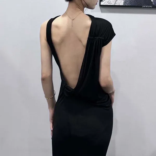 Casual Kleider 2024 Elegante Sexy Frauen Schwarz Open Back Kleid Mode Ärmellose Schlanke Taille Enge Lange Party High End kleidung Y2K