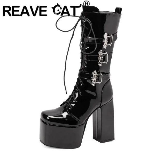 Stiefel Reave Cat Ladies Goth Boots Square Toe Block Super High Heel 14,5 cm Plattform Hill 7,5 cm Reißverschluss Schnürung großer Größe 44 45 46 Straße