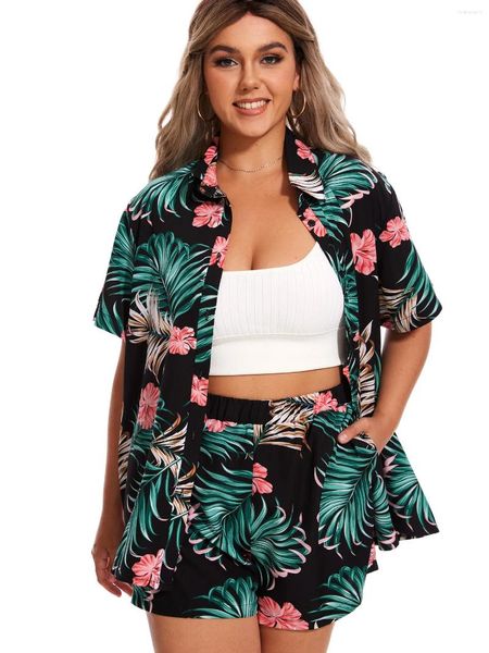 Tute da donna Vangull Taglie forti Stile vacanza Stampa floreale Set due pezzi Manica corta Camicetta aperta sul davanti Pantaloncini Abiti Abbigliamento