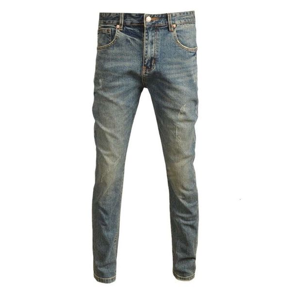 Primavera e outono retro jeans masculino marca na moda magro ajuste pés pequenos elástico na moda edição coreana nostálgico high end casual calças masculinas sempre