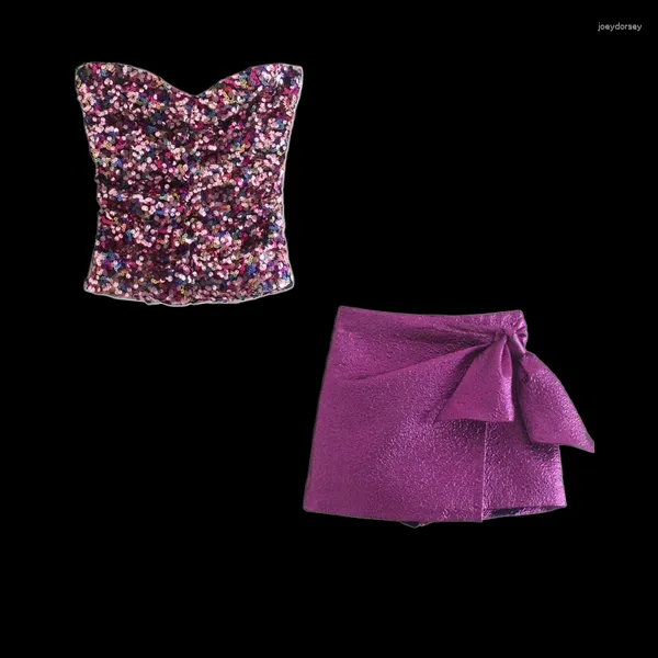 Женские майки Модный женский фиолетовый комплект из топа и юбки с пайетками