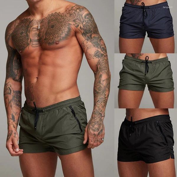 Shorts masculinos de secagem rápida, calções de banho com bolsos com zíper, forro de malha, verão, casual, praia, roupa de banho