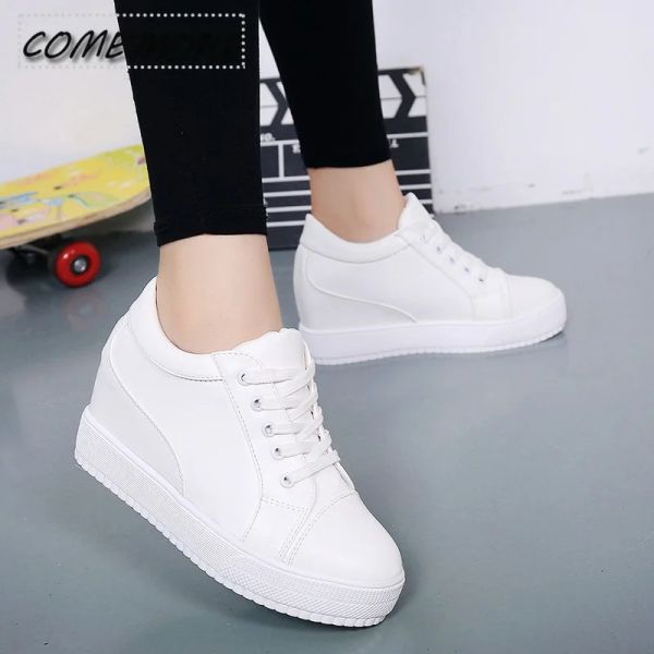 Schuhe Schwarzweiß versteckte Keilabsatz Freizeitschuhe Plattform Sommer Herbst Frauen neue High Heel Schuhe Sneakers weibliche Tennis laceup pu