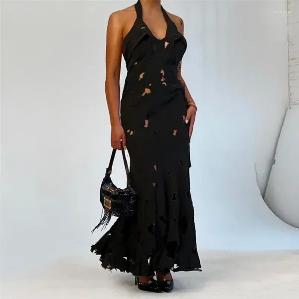 Casual Kleider Frauen Mode Sexy Loch Backless Halter Maxi Party Kleid V-ausschnitt Lace Up Verband Bodycon Lange Clubwear Robe streetwear