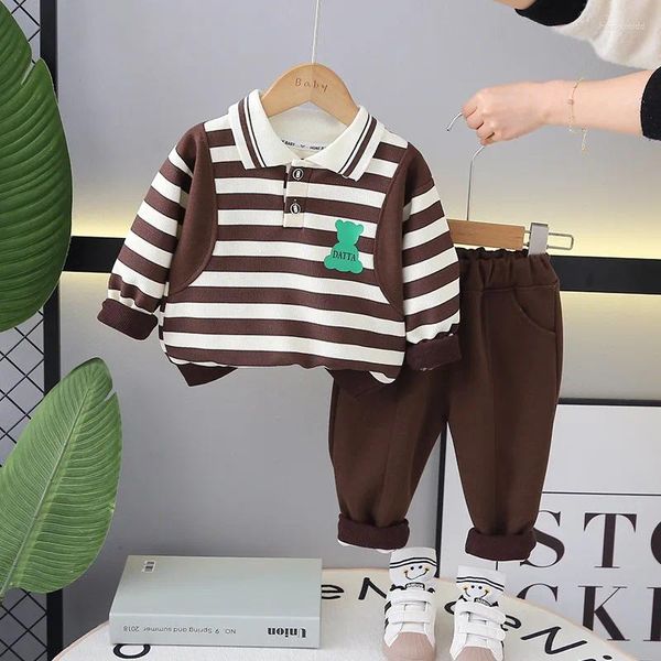 Conjuntos de roupas Designer Baby Boy Roupas 2024 Primavera Estilo Coreano Dos Desenhos Animados Listrado Turn-Down Collar Manga Longa T-shirts Calças Crianças Meninos Terno