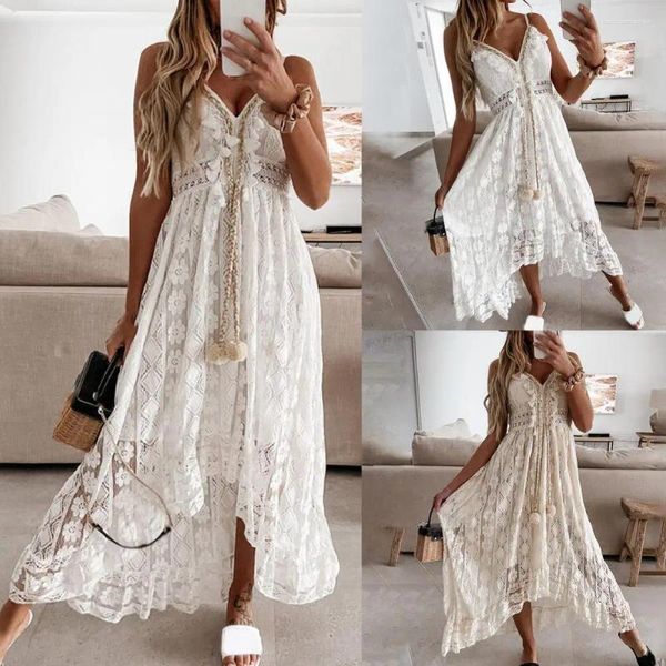 Casual Kleider Boho Kleid Sommer Maxi Dame Off Schulter Urlaub Spitze V-ausschnitt Spaghetti Strap Sommerkleid Weiß Vestidos de Mujer