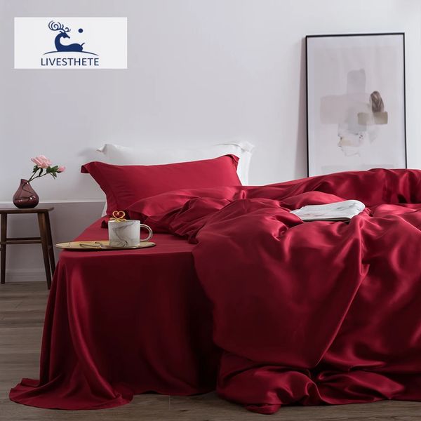 LivEsthete Set di biancheria da letto in seta 100% vino rosso per le donne Beauty HeaLthy Copripiumino Lenzuolo piatto Biancheria da letto per un sano 4 pezzi 240306