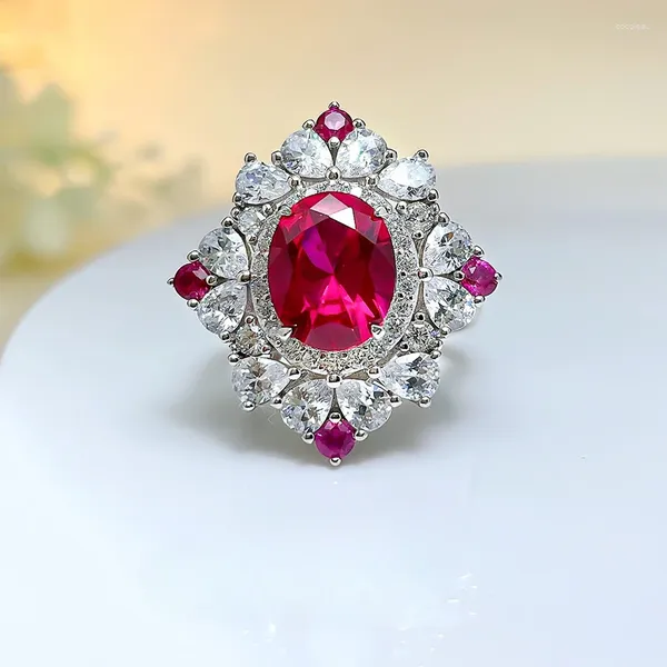 Anéis de cluster elegante pombo sangue rubi anel conjunto de alta qualidade diamante de alto carbono 925 inlay de prata