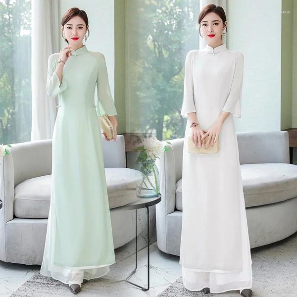 Ethnische Kleidung Frühling Sommer Ao Dai Vietnam Slim Set Frauen Casual Lange Tops Breite Bein Hosen Zwei Stücke Weiß Hellgrün chinesische Stile Z548