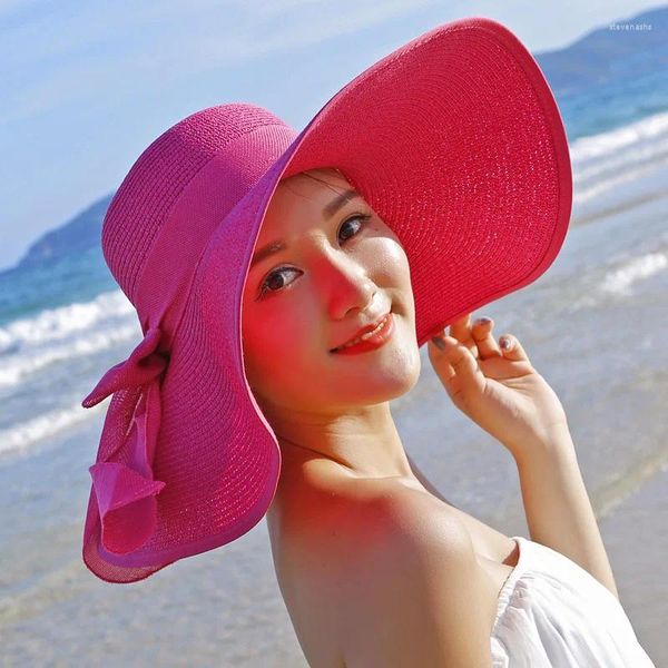 Cappelli a tesa larga Cappello di paglia per protezione solare al mare Cappello da spiaggia pieghevole da donna a tesa larga per le vacanze al sole