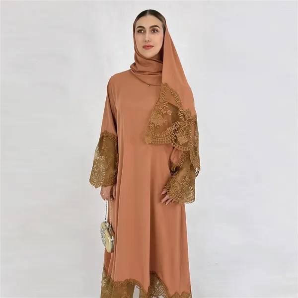 Ethnische Kleidung Mode Muslim Maxi Kleid Frauen Solide Sommerkleid Islamische Spitze Stickerei Hülse Türkische Vestidos Übergroße Robe Ramadan