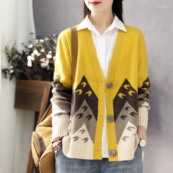 Malhas femininas amarelo com decote em v blusa de malha para mulher gráfico inverno botão cardigan verde senhoras suéteres quente y2k moda coreia