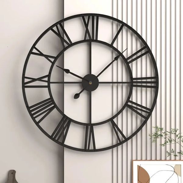 Moderno 3D Grandes Relógios de Parede Numerais Romanos Retro Redondo 40cm Metal Ferro Preciso Silencioso Nordic Pendurado Ornamento Sala de estar Decoração 240320