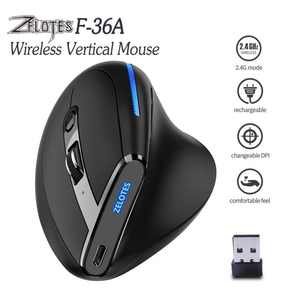 Mouse ZELOTES F36A Mouse verticale ergonomico 2.4G 6 pulsanti Mouse wireless ricaricabili 2400 DPI regolabile per computer portatile notebook