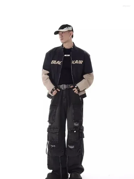 Jeans masculinos americanos high street buraco quebrado homens primavera e outono retro hip-hop streetwear solto reto perna larga calças de carga