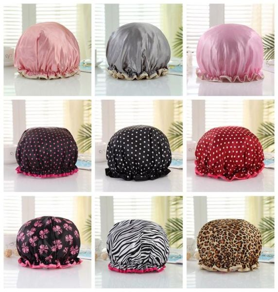 Polka Dot Kalın Kadınlar Duş Saten Şapkaları Renkli Banyo Duş Kapakları Saç Kapağı Çift Su Geçirmez Banyo Cap4579138