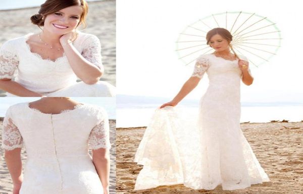 Waishidress Rundhals-Meerjungfrau-Brautkleid mit kurzen Ärmeln, Spitzenapplikationen, bodenlang, Sommer-Strand-Brautkleid9712589