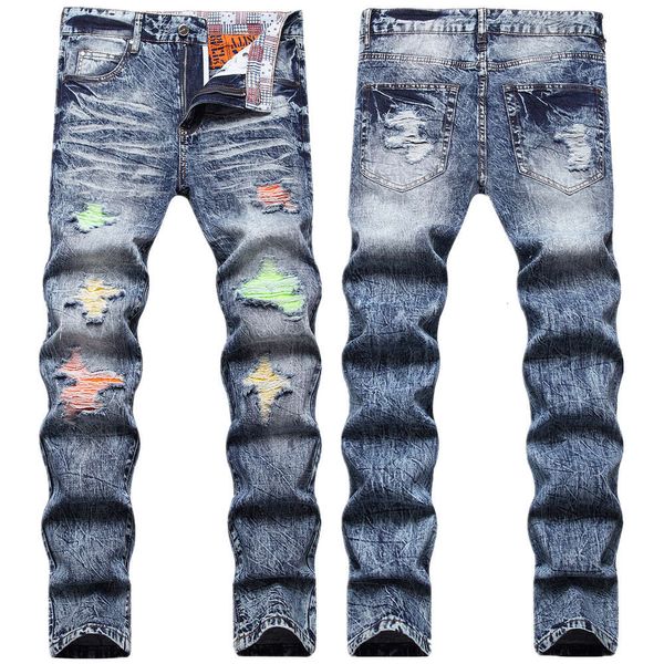 2022 outono/inverno jeans remendados de cor clara com buracos, pés pequenos azuis sem limites masculinos, calças compridas de tendência personalizada