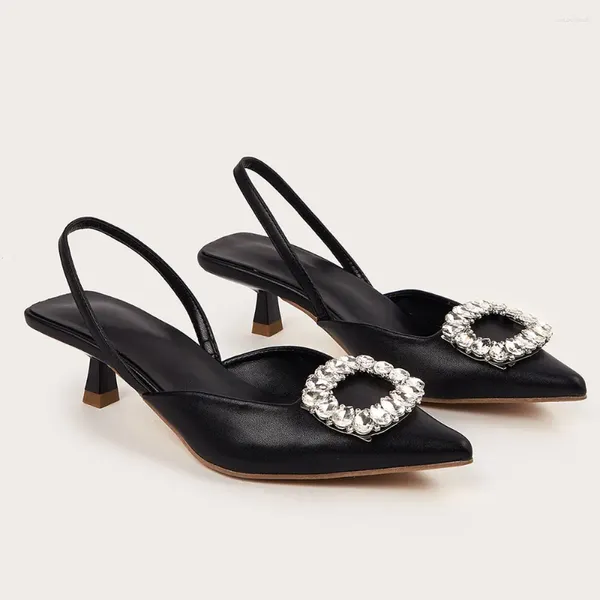 Sapatos de vestido 2024 chique feminino preto pontudo toe slingback bombas branco tamanho grande 43 elegante strass gatinho saltos sandália senhora do escritório