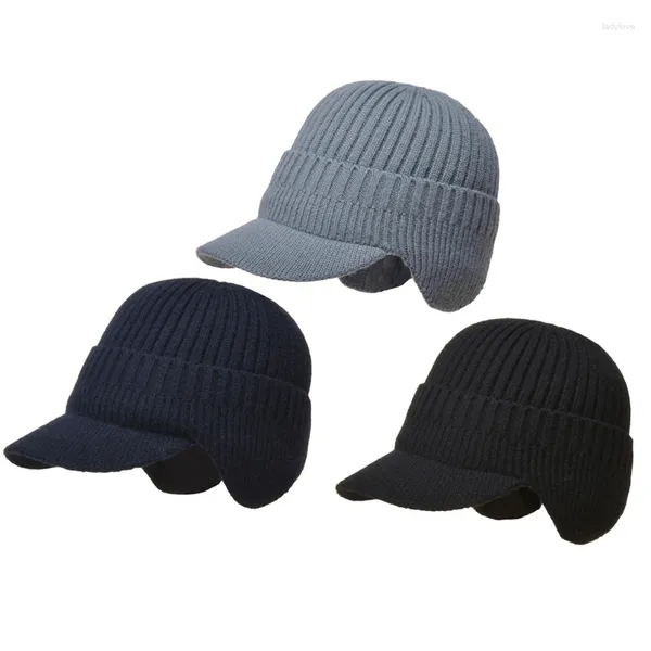 Berets Männer Winter Visor Ohrklappe Kappe Beanie Hut mit Ohrschützer Strickplusel ausgekleidet wärmere Abdeckung für Kopf