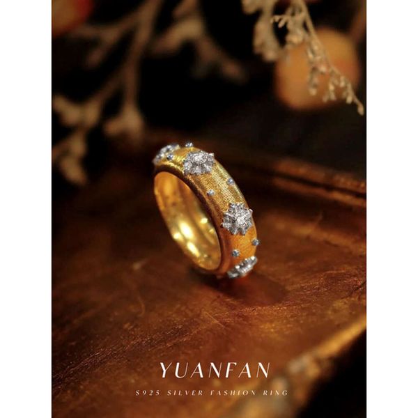 Yuan Fan Italienischer handgefertigter gebürsteter Zirkon-Palast-Stil für Damen, leichter Luxus-Ring aus hochwertigem reinem Silber
