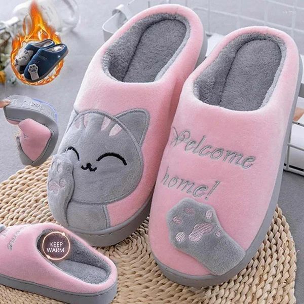 Hausschuhe Winter Plüsch Flache Warme Nette Cartoon Gestickte Runde Kappe Wohnungen Indoor frauen Schlafzimmer Schuhe Zapatillas Casa Mujer