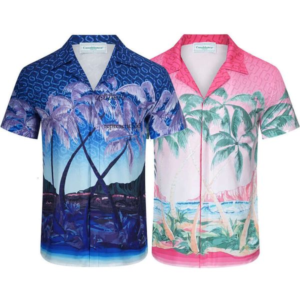 Casa Blanca Shirts Sommer neuer Herrenanzug, kurzärmeliges Hemd mit Flip-Kragen, Vorder- und Rückseite, Kokosnussbaum