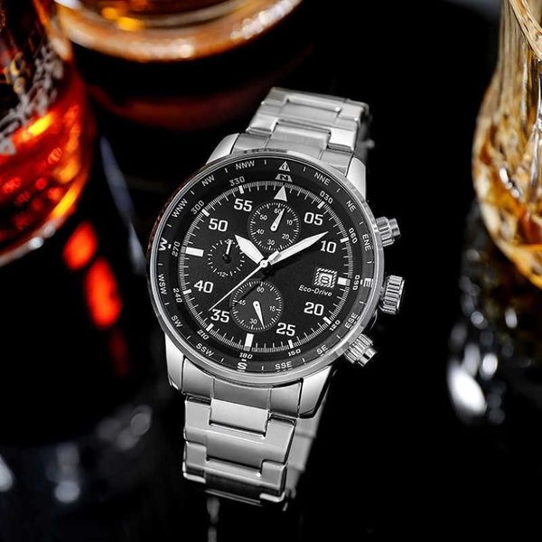 Eco-drive cronógrafo masculino luxo negócios pulseira de aço inoxidável calendário quartzo watch285q
