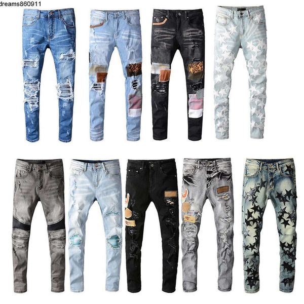 Pantaloni jeans da uomo Pantaloni hip-hop di marca di moda High Street Retro cuciture piegate strappate Designer Motociclista da equitazione Pantaloni slim Jeans Taglia {category}