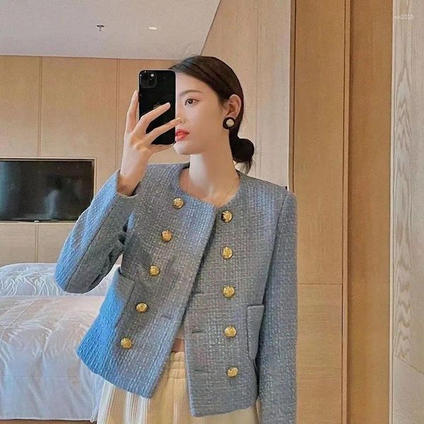 Jaquetas femininas Lucyever Azul Double-Breasted Casaco Curto Mulher Moda Coreana Manga Longa Senhora de Escritório Tweed Jaqueta Elegante Street Wear