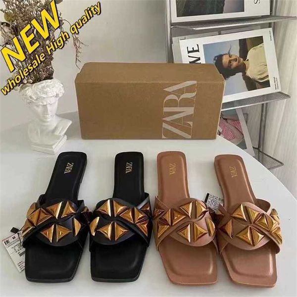 Negozio economico 90% di sconto all'ingrosso Za Scarpe da donna Punta quadrata Pantofole aperte a fondo piatto Triangolo Salice Chiodo Fibbia in metallo Decorazione Spiaggia per Capispalla