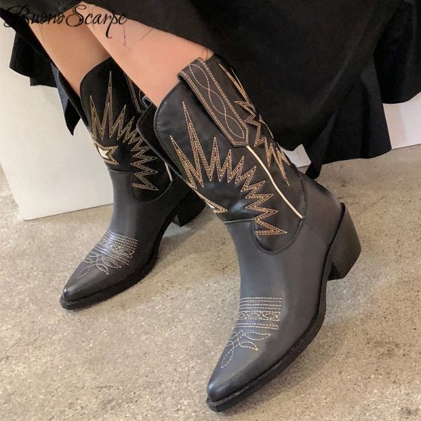 Boots Buono Scarpe вышивая женские ботинки Med Heels Retro Knight Boots Женская подлинная кожа Botas Mujer Western Cowboy Sale Boots2019