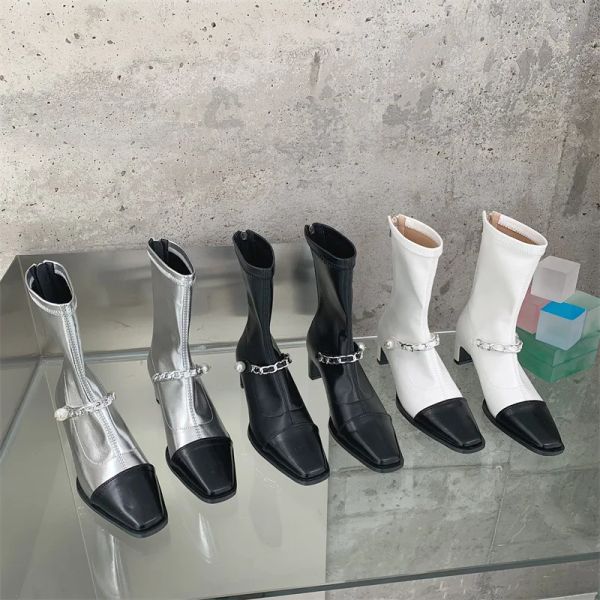 Stivali inverno nuovi stivali perla catena quadrata di punta piatta con tacco grosso da donna bootie colorblock versatili mary jane scarpe da donna