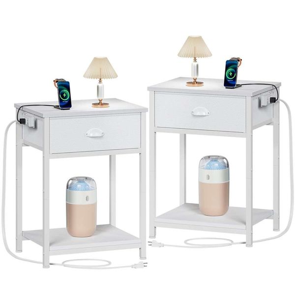 Furologee Conjunto de estação de carregamento branco de 2 peças, mesa de cabeceira com gaveta de tecido, espaços pequenos, mesa final de rack de armazenamento de 2 camadas, adequado para sala de estar, quarto,