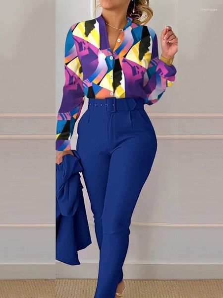 Frauen Zwei Stück Hosen Chic Büro Dame Print Slim Fit Anzug Frauen Langarm Tops Set Streetwear Skinny Hosen 2024