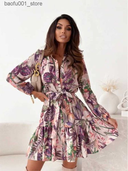 Vestidos casuais básicos moda floral impressão camisa vestido feminino 2023 outono manga longa elegante escritório senhoras roupas com decote em v vestidos de renda para mulheres q240322