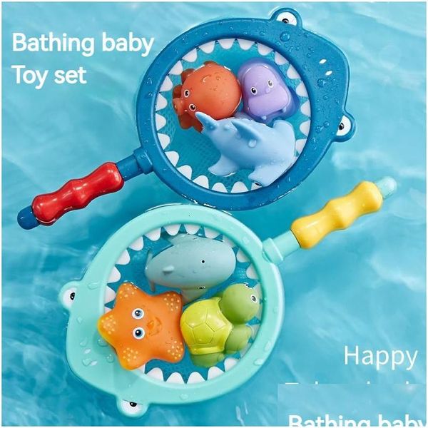 Giocattoli da bagno Set da pesca per rete da acqua spray in gomma per bambini Set da pesca per animali per bambini Giochi di pesci galleggianti vocali Giocattolo da bagno Consegna a goccia Bambini M Ot2Aw