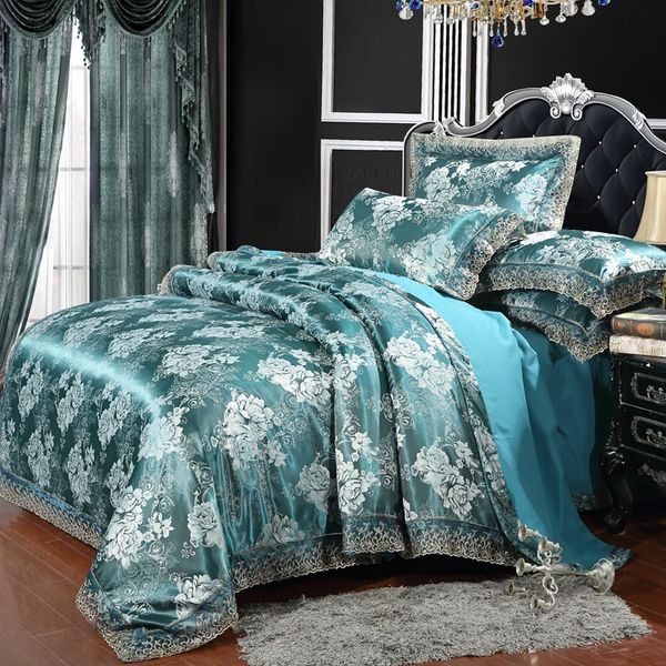 Roupa de cama, conjunto de 4 peças em jacquard de cetim europeu, renda