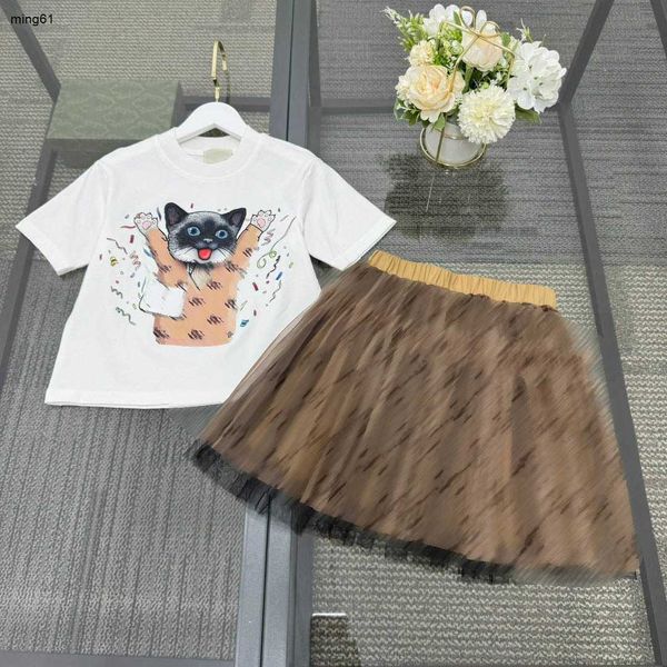 Marke Babykleidung Kinder Trainingsanzüge Sommer Prinzessin Kleid Größe 100-150 CM Mädchen T-Shirt mit Cartoon-Katzenmuster und Spitzenrock 24. März