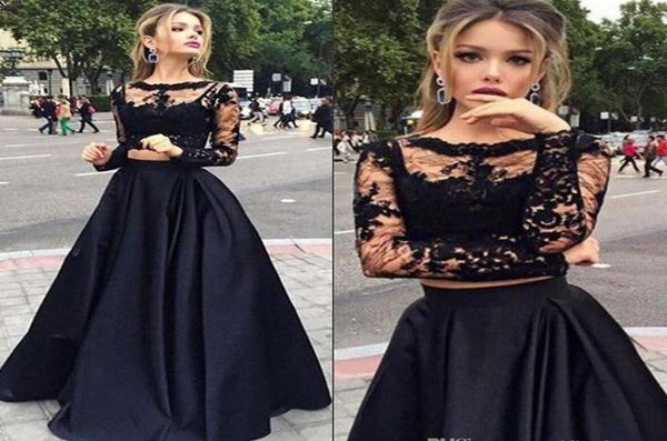 2019 preto barato duas peças vestido de baile longo uma linha de cetim sexy pura renda bateau pescoço baile vestidos de festa à noite robe marriag7026269