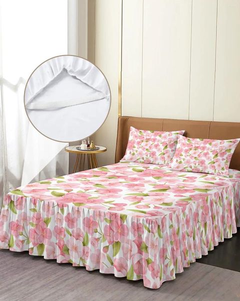 Saia de cama rosa flor de pêssego flor elástica colcha com fronhas protetor colchão capa conjunto cama folha