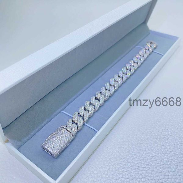 12 mm 2 Reihen Mikropavé D VVS Labordiamant-Gliederkette Iced Out Silber Moissanit Kubanisches Armband 8984