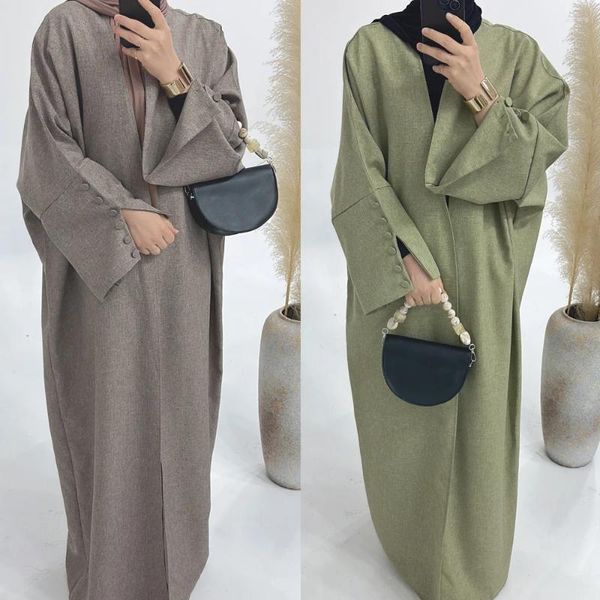 Этническая одежда Крупногабаритная Абая Мусульманская женщина Дубай Рукава-бабочки на пуговицах с разрезными манжетами Открытая передняя кимоно Верхняя одежда Исламский Рамадан Ид
