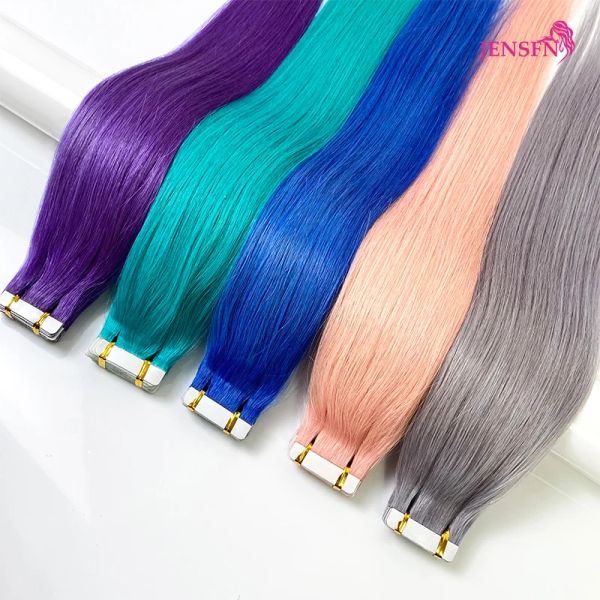 Estensioni Nastro dritto colorato JENSFN nelle estensioni dei capelli umani 20 pollici per salone di colore blu rosa viola grigio per le donne