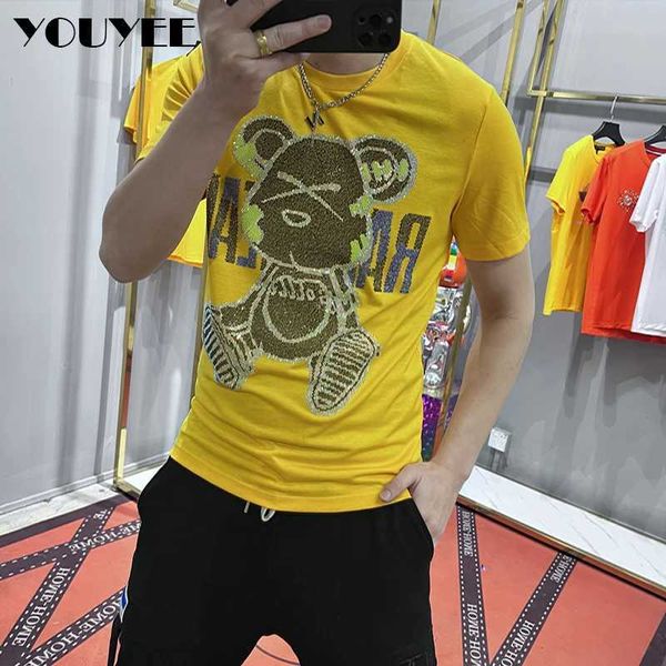 T-shirt da uomo strass casual da uomo a maniche corte T-shirt allentata O-collo 2022 estate nuova tendenza moda marca diamante orso verde giallo abbigliamento J240322