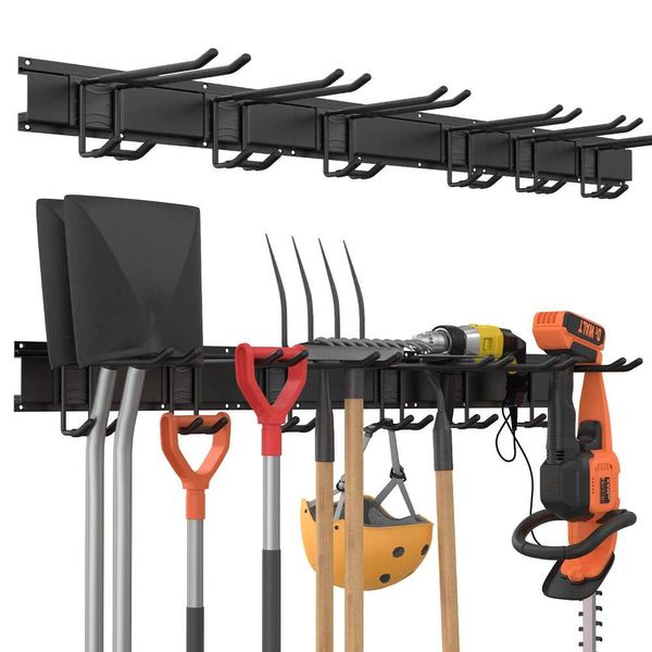 Rack, organizador de garagem de 48 polegadas, sistema de armazenamento montado na parede com 6 ganchos de camada dupla, cabide de ferramentas de jardim superpesado para equipamentos de esqui, cadeira, pátio de pá de ancinho